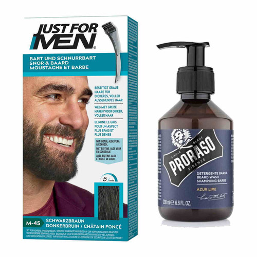 Just For Men - Pack Coloration Barbe Châtain Foncé & Shampoing A Barbe Azur Lime - Bleu - Couleur Naturelle - Shampoing barbe
